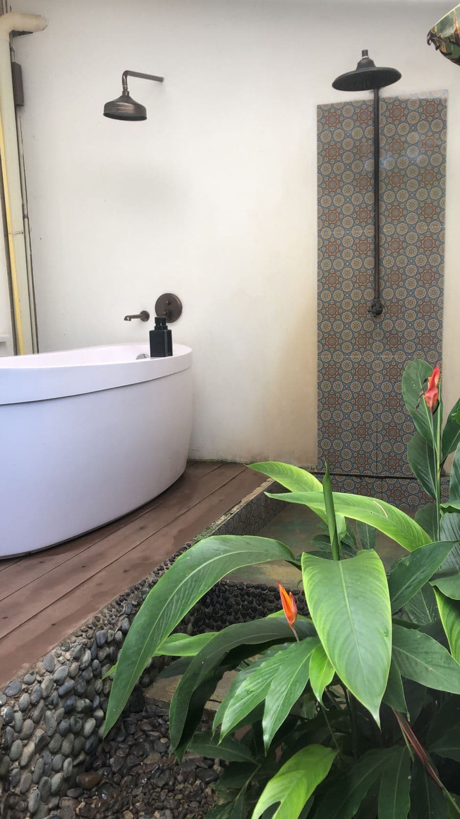 Outdoor bath with tropical garden